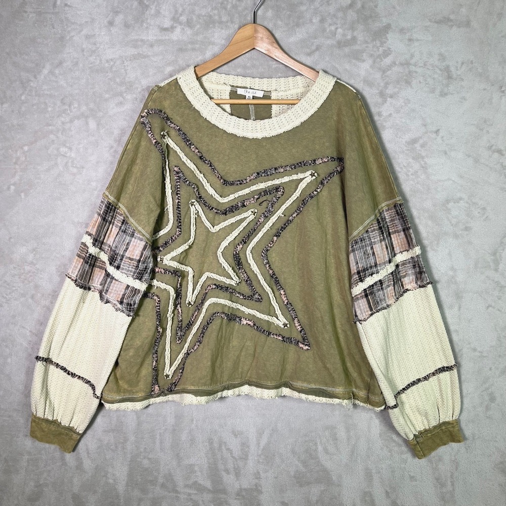 Oli & Hali Star Applique Top Olive Green XL Patchwork Mixed Fabric Boho Oversize